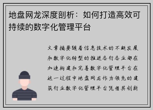 地盘网龙深度剖析：如何打造高效可持续的数字化管理平台