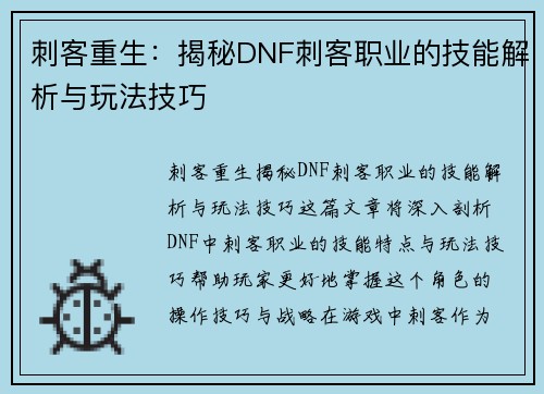 刺客重生：揭秘DNF刺客职业的技能解析与玩法技巧