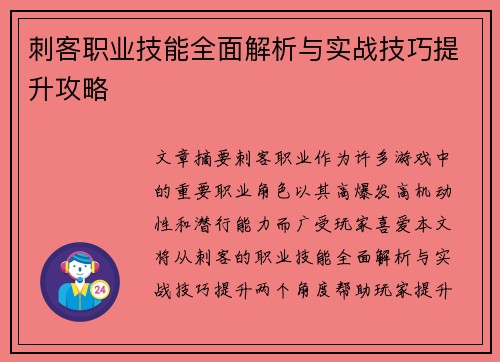 刺客职业技能全面解析与实战技巧提升攻略